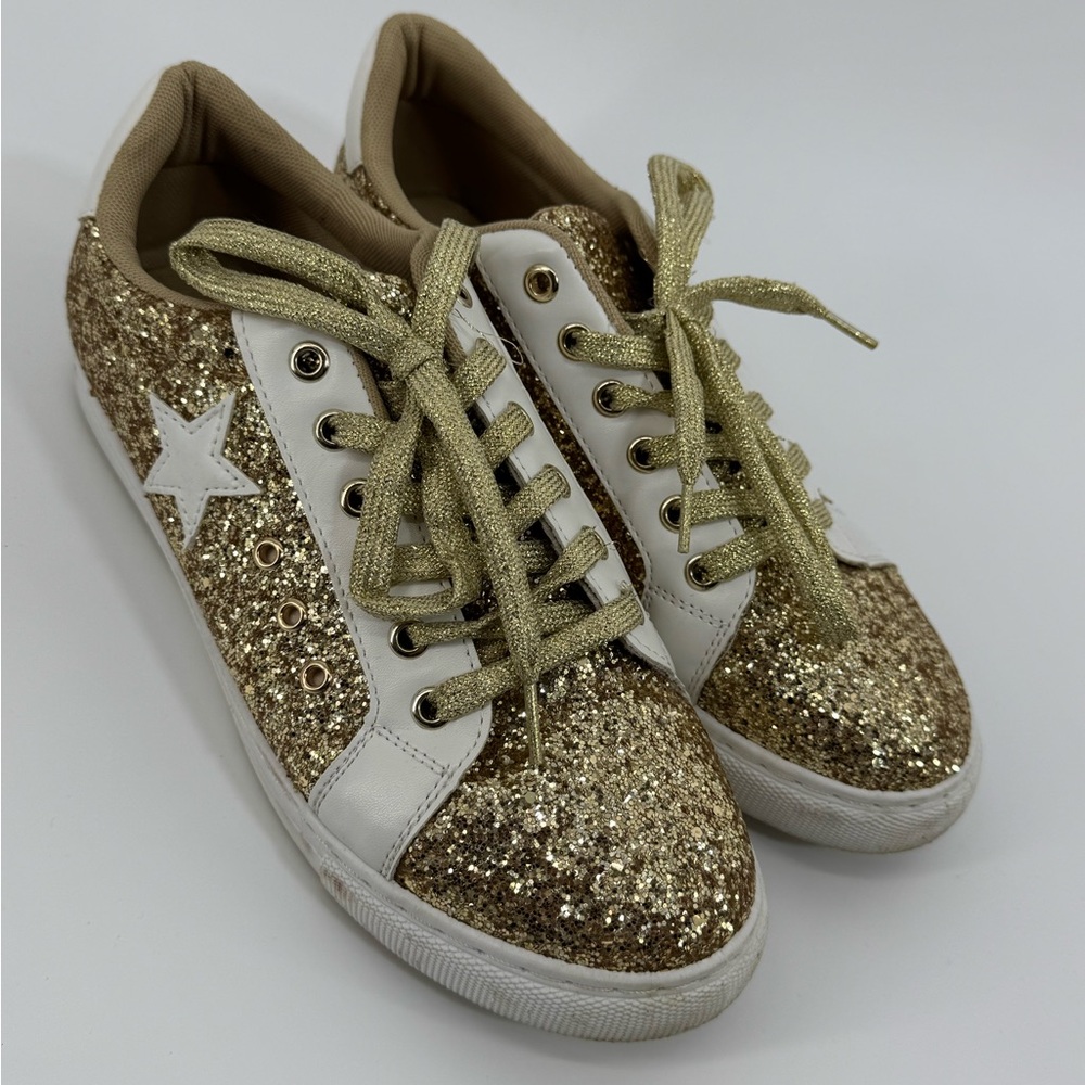 Ontwoods odd Gold Glitter White Star Sneakers Women's Size 10 Gold Laces Holiday